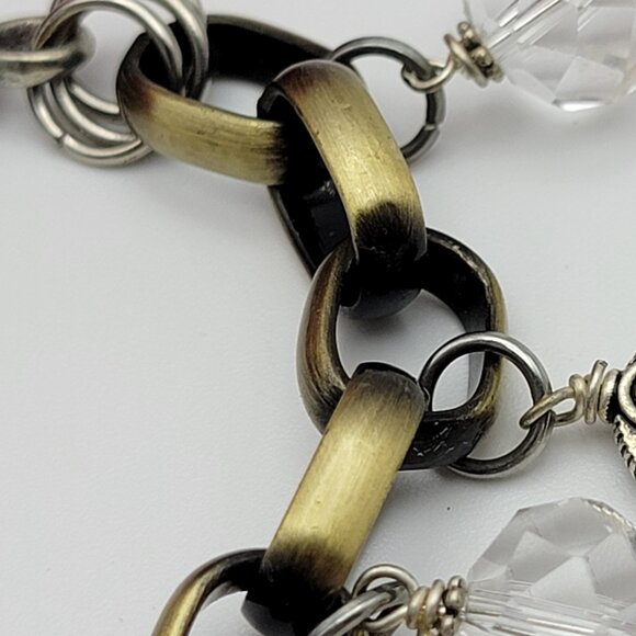 Vintage Charm Bracelet Brass And Silver Tone Key Faceted Glass 8" Adjustable - Picture 5 of 10
